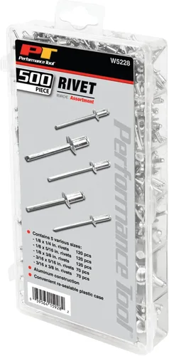 Vista 5 de Performance Tool W5228 Juego de herramientas surtidas de remaches de aluminio en una caja de plástico resellable, (500 piezas)