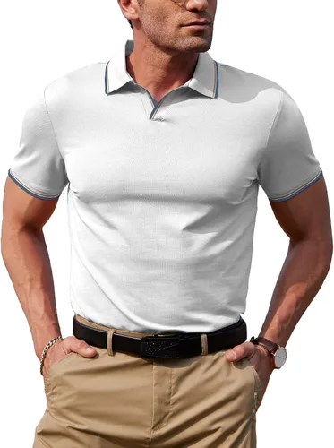 Vista 2 de dimidium Camisa polo de algodón de manga corta con cuello en V para hombre, estilo casual, elegante, ajuste regular, camiseta de punto Henley de golf