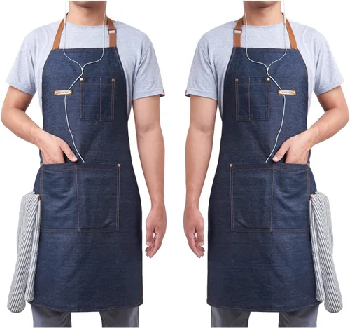 Vista 8 de KPD Delantal de mezclilla con bolsillos, ajustable azul para cocina, barbacoa y jardín, delantal de trabajo para hombres y mujeres