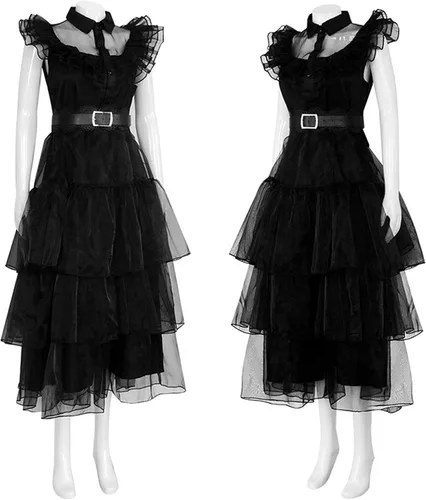 Vista 4 de Disfraz de Miércoles Familiar para mujer, estilo gótico, vintage, negro, vestido de baile de cuervo negro, falda de encaje de tul, traje de fiesta