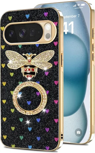 Vista 29 de nancheng Funda para Google Pixel 6 de lujo, diseño de abeja, corazón y abeja, chapado en oro, con anillo de diamante de 360°, correa de cordón