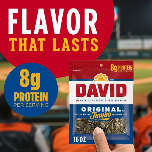 Vista 3 de DAVID Semillas de girasol Jumbo, sabor original, 16 oz.