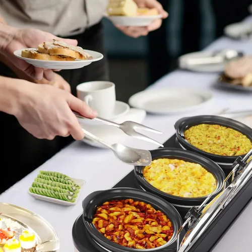 Vista 2 de Sunvivi Olla de Cocción Lenta Triple para Buffet y Calentador, 3 Ollas de Comida Pequeñas Mini Manuales con Temperatura Ajustable, Soportes