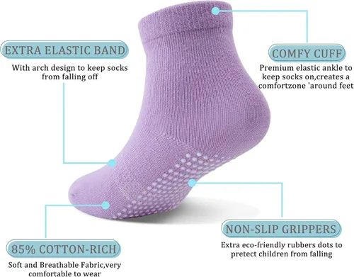 Vista 2 de Tenpluszero Calcetines de algodón antideslizantes para niños pequeños, calcetines de algodón con agarres para bebés, niños y niñas
