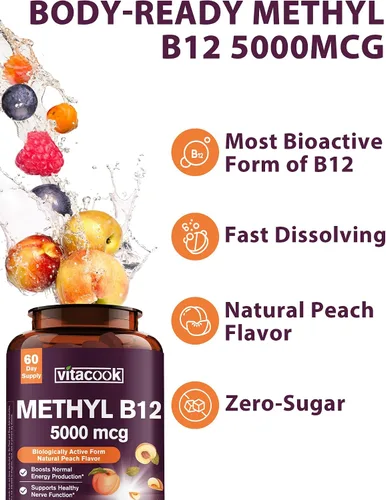 Vista 3 de Vitamina B12 sublingual, metilcobalamina 5000mcg para la producción de energía Energía, apoyo nervioso y celular, sabor natural a melocotón