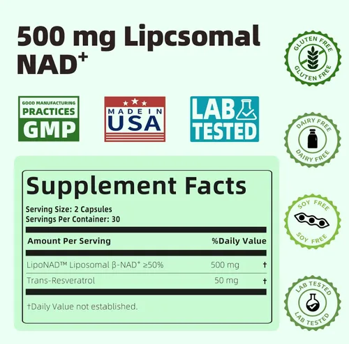 Vista 6 de NAD liposomal con resveratrol - Alternativa al suplemento NMNH - Suplemento NAD de alta pureza para antienvejecimiento, energía, concentración - 60