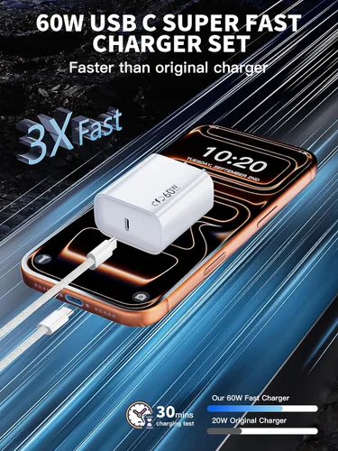 Vista 2 de Adaptador de corriente dinámico Apple de 40W-60W, cargador USB C rápido, paquete de 2 cargadores de iPhone, carga rápida de 6 pies, cables de carga
