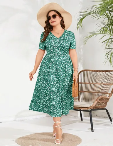 Vista 2 de Vestido largo de verano para mujer, casual, bohemio, floral, cintura imperio, talla grande, vestido fluido, vestidos de talla grande para mujeres