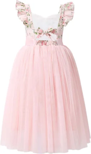 Vista 2 de Flofallzique Vestido de tul para niñas, floral de verano, para bodas, cumpleaños, Pascua, casual, para fiestas de té, para niños pequeños