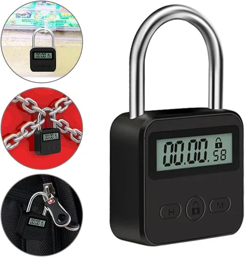 Vista 2 de Tookie Bloqueo de temporizador de metal, bloqueo de sincronización máximo de 99 horas, candado temporizador recargable USB con pantalla LCD, bloqueo