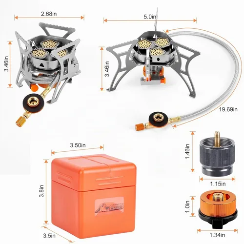 Vista 6 de WADEO Estufa de camping resistente al viento de 6800 W, estufa de mochilero con encendido piezoeléctrico y adaptadores de recipiente de combustible