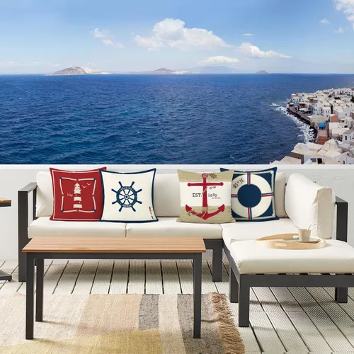 Vista 2 de Bonhause Juego de 4 fundas de almohada náuticas de 16 x 16 pulgadas, con ancla, faro, rojo, azul marino, decorativas, para exteriores, para sofá