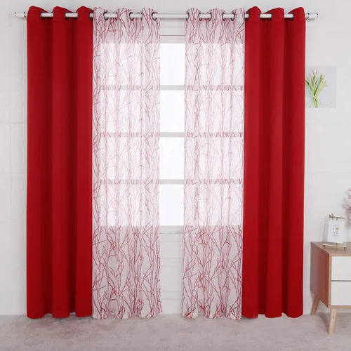 Vista 23 de BONZER Cortinas para Mezclar y Combinar - 2 Piezas de Cortinas Transparentes con Estampado de Ramas y 2 Piezas de Cortinas Opacas para Dormitorio