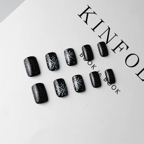Vista 5 de Uñas postizas a presión con copos de nieve, uñas postizas cuadradas cortas de Navidad, uñas acrílicas negras con purpurina, kit de uñas postizas