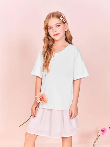 Vista 3 de Camiseta de verano de gran tamaño para niñas, de manga corta, holgada, informal, de algodón