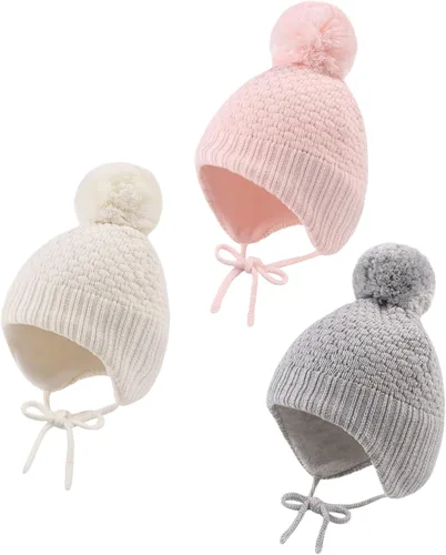 Vista 12 de Sombrero de invierno para bebé niña con forro de lana para niños pequeños, gorro de punto con orejeras con pompón, de 0 a 8 años 3 unidades-A.