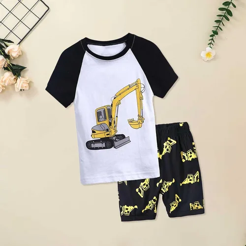 Vista 3 de Camisa para niños pequeños con pajarita, manga corta, estampado de excavadora, pantalones cortos para niños de 1 a 7 años, ropa para niños de 12 años