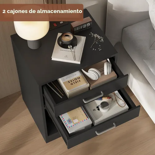 Vista 5 de ADORNEVE Juego de 2 mesitas de noche negras, mesita de noche con cajones