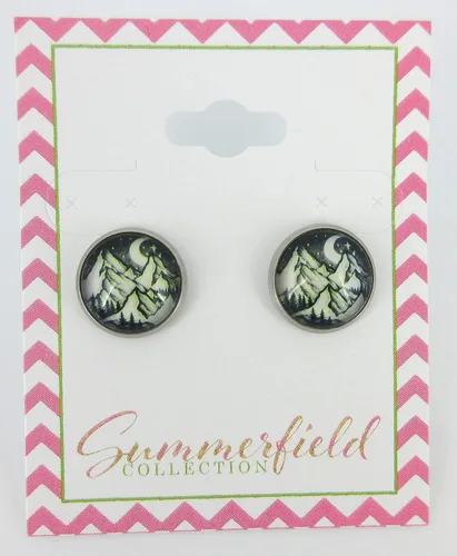 Vista 6 de Pendientes de cristal con estampado de montaña nevada y estrellas de luna y cielo nocturno, 0.472 in, negro, blanco, amarillo