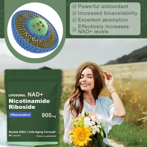Vista 3 de Suplemento de resveratrol NAD con NAD nicotinamida ribósido resveratrol 900 mg, Boost NAD+ para la salud celular, antienvejecimiento, energía