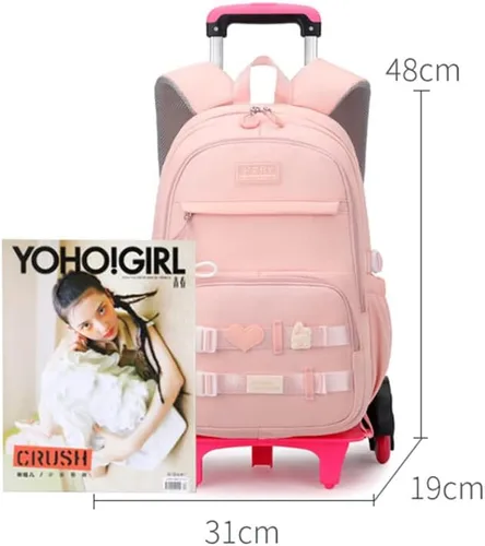 Vista 3 de Mochila con ruedas para niñas, mochila con ruedas para niños, mochila escolar con ruedas, 2 Wheels-pink