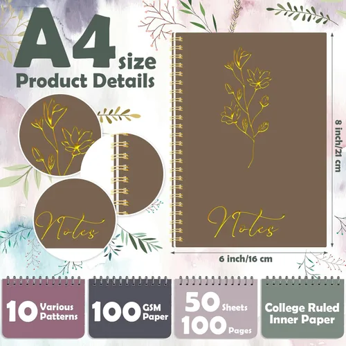 Vista 2 de Cholemy Paquete de 10 cuadernos en espiral, estéticos, suministros escolares A5 de colores retro, cuadernos florales de escritura para estudiantes