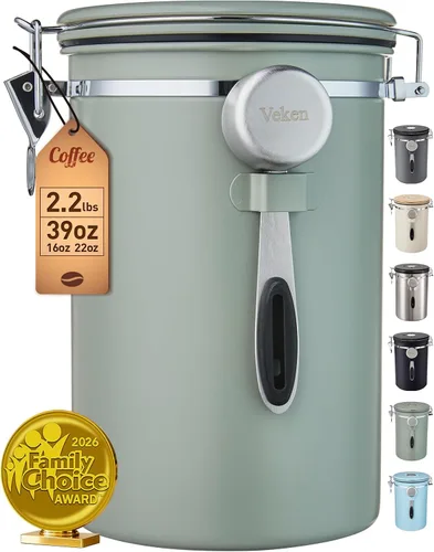 Vista 15 de Veken - Recipiente hermético para café de acero inoxidable, contenedor de almacenamiento de alimentos para la cocina con registro de fecha y cuchara