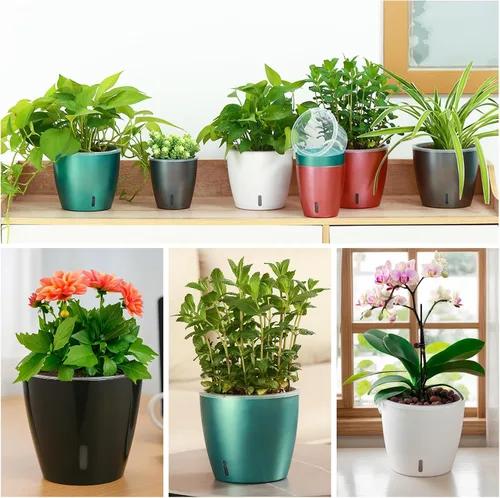 Vista 5 de Macetas de autorriego para plantas de interior, paquete de 6 macetas de riego automático de 5 pulgadas con orificios de drenaje, macetas pequeñas