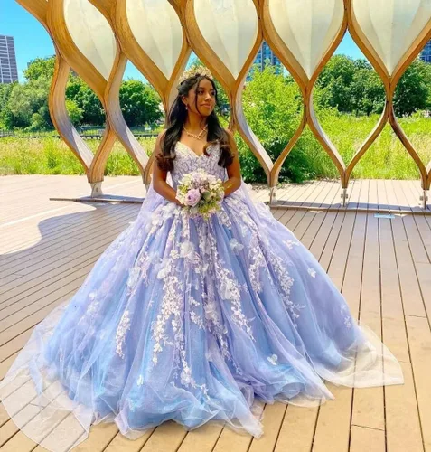 Vista 5 de XYAYE Tirantes espagueti con cuello en V vestidos de quinceañera vestido de bola con capa hinchada 3D flor encaje tul dulce 15 16 vestidos XY097