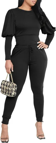 Vista 3 de HBQ Conjunto de 2 piezas para mujer, camiseta de manga abombada y pantalones deportivos