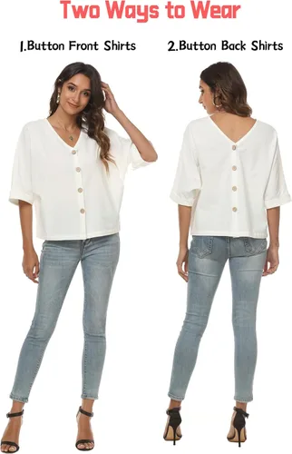 Vista 5 de LNX Camisas de lino con botones y cuello en V para mujer, blusas casuales de verano