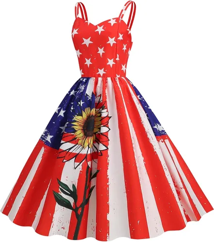Vista 3 de Vestidos de verano para mujer 2023, casual, patriótico, con vuelo, vestido de cóctel retro de los años 50, vestido de princesa de hadas hinchado