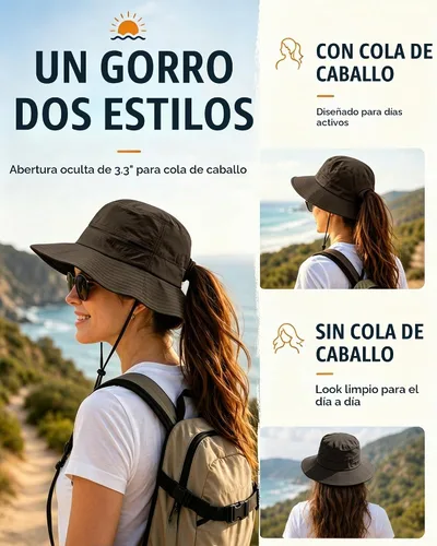 Vista 3 de Sombrero de cola de caballo para mujer, UPF50+, impermeable, sombrero de Café