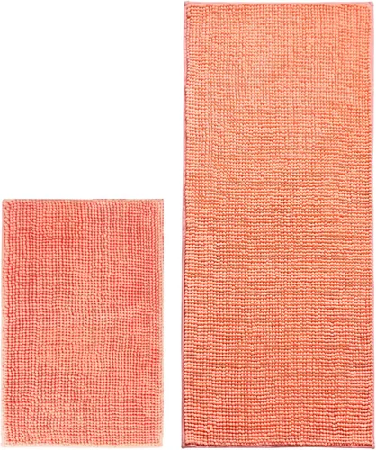 Vista 3 de Civkor Juego de 2 tapetes largos de baño de felpilla, color coral y naranja claro, 47 x 20 + 24 x 16 pulgadas, lavable a máquina con parte trasera