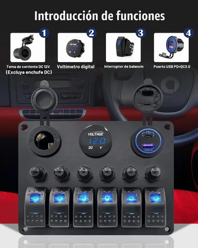 Vista 4 de Panel de Interruptores Basculantes Marinos de Aluminio de 6 Posiciones Impermeable para Barco Protegido por Disyuntor, Pantalla de Voltaje Digital