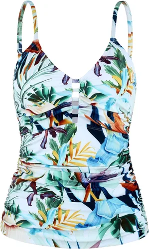 Vista 17 de Ocean Blues Traje de Baño Tankini Retro para Mujer con Fruncido Control de Abdomen Solo Parte Superior del Tankini Negro