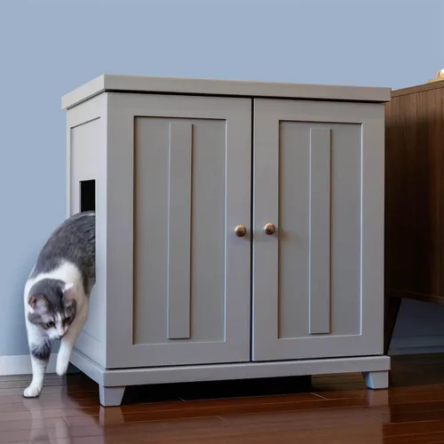 Vista 19 de THE REFINED FELINE Armario de caja de arena para gatos, agitador, gris humo, niveladores ajustables, grande, muebles ocultos para gatos con cajón