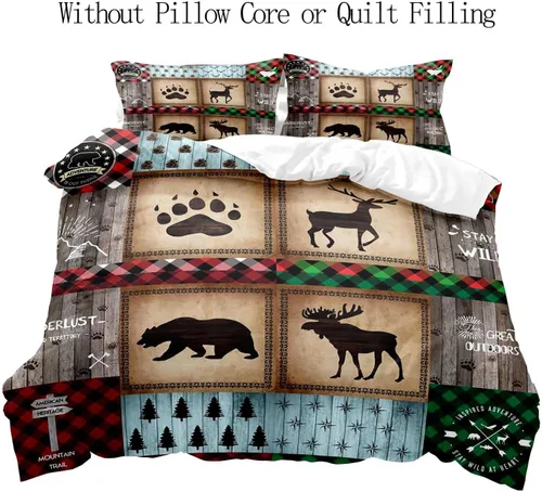 Vista 2 de LUVIVIHOME Juego de funda de edredón de 2 piezas, diseño de oso y alce, ciervo, ciervo, ropa de cama de cabaña, ropa de cama rústica de granja