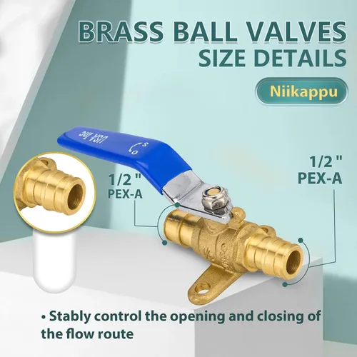Vista 2 de Válvula de bola azul, válvula de cierre Pex A de 1/2 pulgada con oreja, válvula de bola de cierre Pex de puerto completo de latón para agua, aire