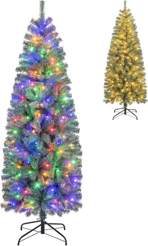 Vista 17 de GOFLAME Árbol de Navidad preiluminado de 5 pies, árbol de Navidad artificial con 180 luces LED, 10 modos de luz, 390 puntas de rama, soporte