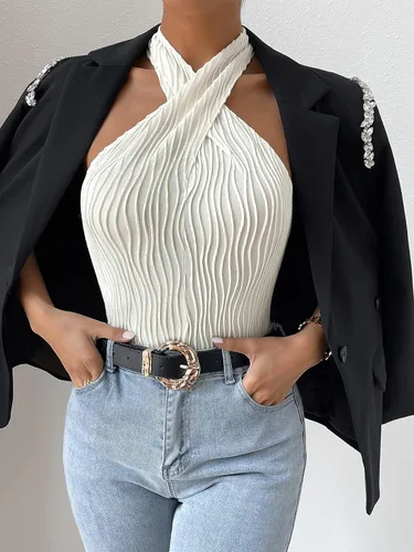 Vista 5 de GORGLITTER Camiseta sin mangas con textura cruzada y cuello halter para mujer