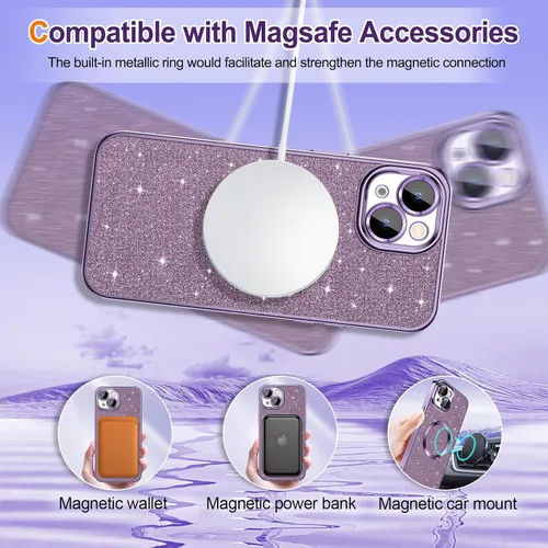 Vista 35 de Hython para iPhone 15 Plus Funda con chispas brillantes, Fundas transparentes magnéticas con protector de lente de cámara [Compatible con MagSafe]