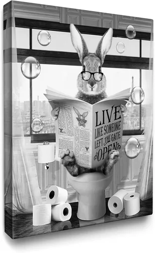 Vista 18 de Luslya Divertido arte de pared de alpaca para baño, linda alpaca sentada en el inodoro, lectura de periódicos, póster enmarcado en blanco y negro