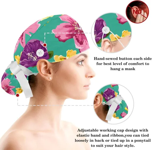 Vista 3 de Gorra de trabajo ajustable con diseño de grúa de flor negra con botones, sombrero exfoliante con lazo para el cabello