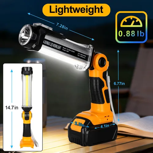 Vista 2 de DTEZTECH Luz de trabajo LED para batería Dewalt de 14.4 V-20 V Max, linterna inalámbrica multifuncional de 2000 lm para exteriores, 25 W, adecuada