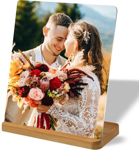 Vista 13 de Impresión de fotos de metal con soporte de bambú, marco de fotos personalizado, transferencia térmica HD, impermeable, varios tamaños de 4 x 6 a 12
