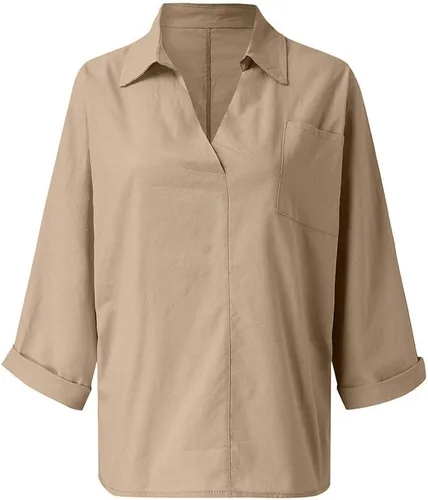 Vista 4 de Blusa de lino con cuello en V para mujer, talla grande, holgada, lisa, casual, sencilla