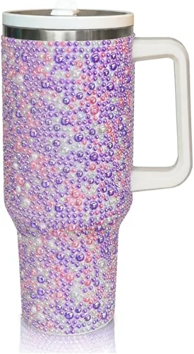 Vista 11 de Vaso de 40 onzas con tachuelas de strass con mango, popote y tapa, botella de agua de acero inoxidable aislada de doble capa para mujeres, taza