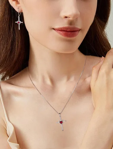 Vista 2 de Collar de cruz de plata de ley 925 con colgante religioso de crucifijo y piedra natal de corazón