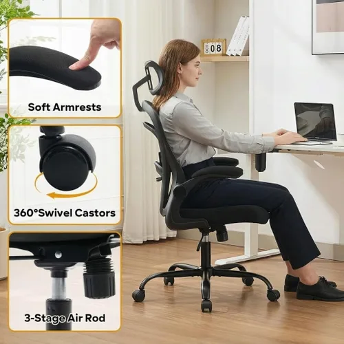 Vista 4 de Ergonomic Office Chair,Computer Desk Chair Comfy with Flip-Up Armrests,Comfortable Lumbar Support Gaming Chairs for Bedroom,Study,Student,Wide Black